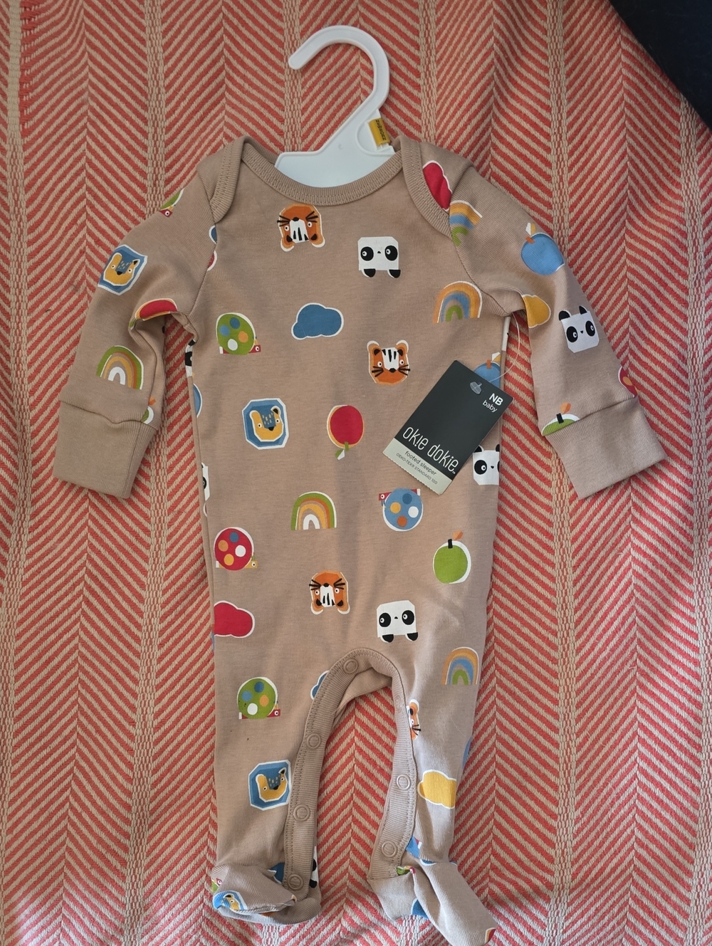 okie dokie Tan Animal & Rainbow Print Footed Newborn One-Piece